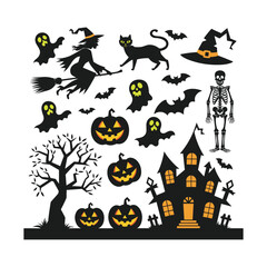 Halloween Elements Set – Witch, Haunted House, Pumpkins, Ghosts, Bats and Skeleton