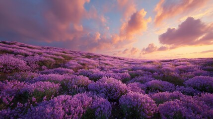 Naklejka premium Lavender Field at Dusk - Purple Hues Under a Dramatic Sunset Sky.