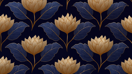 Lotus flower pattern with blue leaves on dark navy background, elegant botanical design for luxury wallpaper and textile decoration