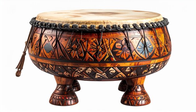 Traditional hand drum with taut light-colored drumhead secured by metal fasteners, featuring a round body with flared base and intricate geometric patterns in earthy tones—red, green, orange—set again