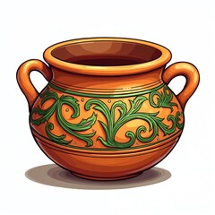 Orange clay pot olla cookware with green vine motif. Authentic Mexican handicraft design, hard-wearing and versatile for culinary use. Traditional handcrafted earthenware for cooking.