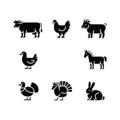 Fototapeta premium Collection of silhouetted farm animals including cow chicken goat horse duck turkey rabbit