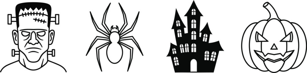 Halloween icons featuring frankenstein spider haunted house and jack o lantern