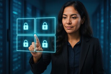 A woman confidently interacts with a digital interface featuring lock icons, representing security measures and data protection