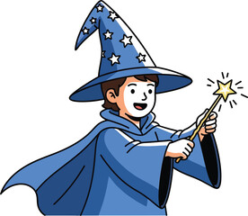 Young wizard casting a spell with a magic wand wearing a blue robe and hat with stars