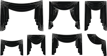 Black halloween curtains with spiderwebs for spooky season decorations and design