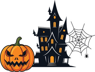 Spooky halloween night scene with haunted house pumpkin spiderweb and full moon