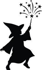 Silhouette of a young wizard casting a star spell with a magic wand in the dark