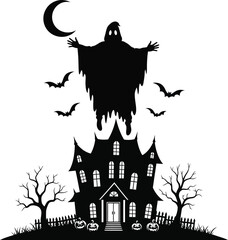 Spooky halloween night scene with haunted house ghost bats and crescent moon
