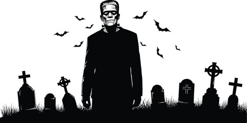 Frankenstein's monster standing in a graveyard with bats flying around him