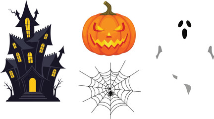 Spooky halloween elements featuring a haunted house pumpkin ghost and spiderweb