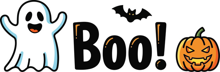 Cute halloween illustration with ghost bat boo text and jack o lantern pumpkin