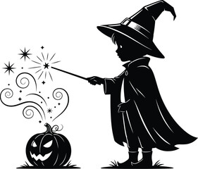 Silhouette of a child wizard casting a spell on a pumpkin for halloween night
