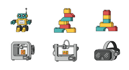 Futuristic technology icons featuring a robot building blocks 3D printer and VR headset for innovation and education concepts, Generative AI.