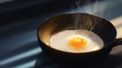 Sizzling Fried Egg in Black Pan

