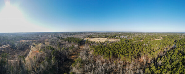 Aerial landscape Blanchard park forest winter after Hurricane Helene in Evans Augusta Georgia