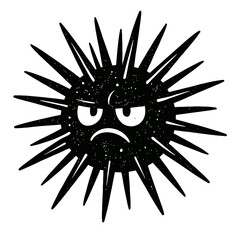 Grumpy Black Spiky Creature Vector Illustration with Distressed Texture - A Playful Yet Angry Cartoon Sea Urchin or Germ Character, Perfect for Humorous Designs, Warning Signs, or Edgy Art Projects an