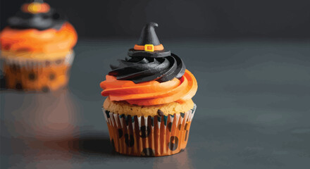 Delicious halloween cupcake with orange and black frosting and a witch hat topper