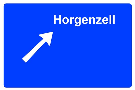 Illustration eines Autobahn-Ausfahrtschildes mit der Beschriftung "Horgenzell"	