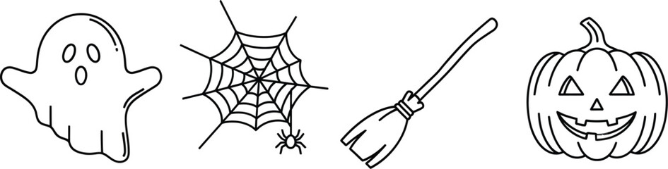 Halloween icons in black and white outline style for spooky season decorations