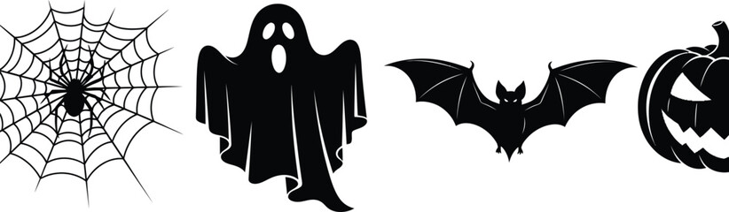 Spooky halloween silhouettes of a spiderweb ghost bat and jackolantern icons