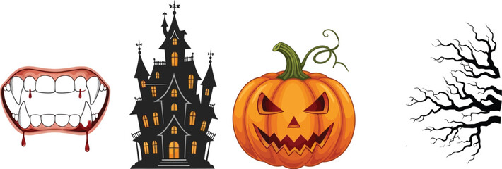 Spooky halloween elements featuring vampire teeth haunted house pumpkin and moon
