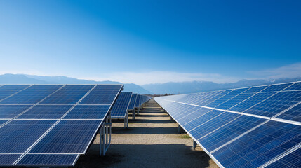 Solar panel field stretching to horizon under clear blue sky, sustainable energy concept, futuristic clean design