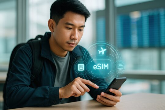 An Asian man intently using a smartphone for e-SIM services in a modern setting