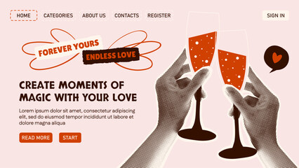 Site design with halftone hands holding champagne glasses. Webpage in a Valentine’s Day collage style. Text stickers. Hand elements on torn paper. Design theme in a Y2K style. Love, emotions, heart