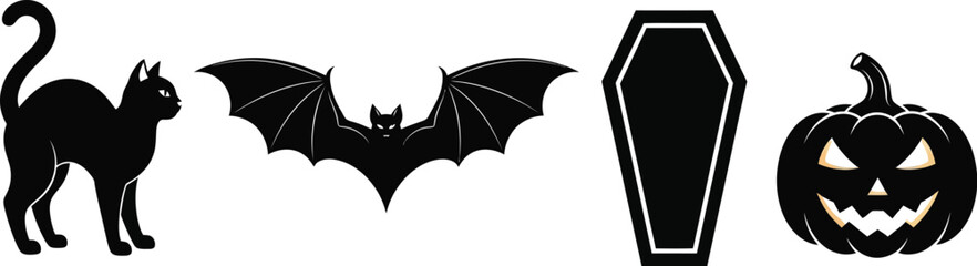 Halloween icons featuring a black cat bat coffin and jack o lantern design 75