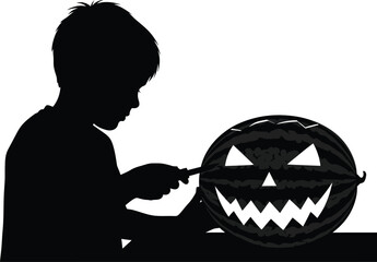 Silhouette of a child carving a watermelon jack o lantern for halloween fun