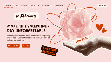 Webpage design with a halftone flower and hand in a Valentine’s Day collage style. Hand and flower elements on torn paper. Site design theme in Y2K style. Love, emotions, lines, hearts