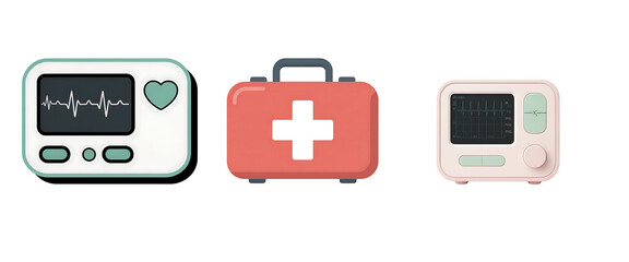 Medical equipment including a heart monitor first aid kit and blood pressure monitor isolated on transparent background