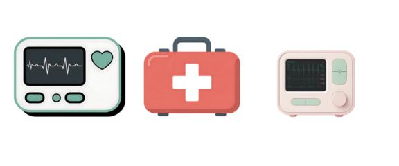 Medical equipment including a heart monitor first aid kit and blood pressure monitor isolated on transparent background