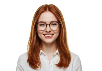 Obraz premium Young cheerful red-haired woman wearing glasses smiling at camera against white background, natural portrait of happy millennial professional