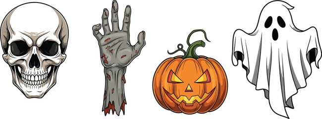 Halloween icons featuring a skull zombie hand pumpkin and ghost on white