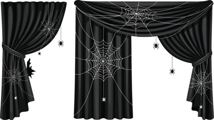 Spooky black halloween curtains with spiderwebs and spiders for haunted house decor