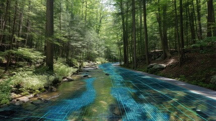 Data-Driven Nature: A Forest Stream with Digital Overlay Illustrating Data Analysis of Ecosystem