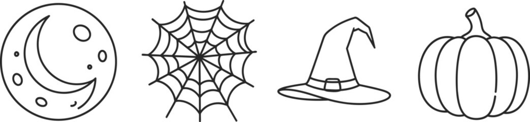 Halloween icons featuring moon spiderweb witch hat and pumpkin in line art