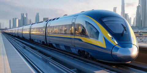 Naklejka premium Futuristic High-Speed Train in Modern Cityscape