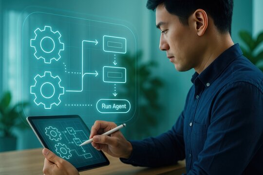 A person looking at the tablet to design the automation process