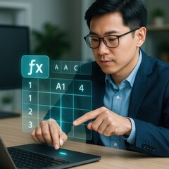 A man working on laptop with virtual interface