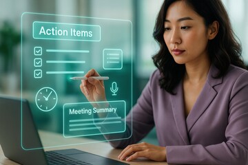 A focused professional woman working on a digital interface with holographic action items and meeting summary