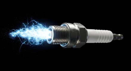 Spark plug with blue electric sparks and flames on black background, automotive ignition system component showing power and energy in action