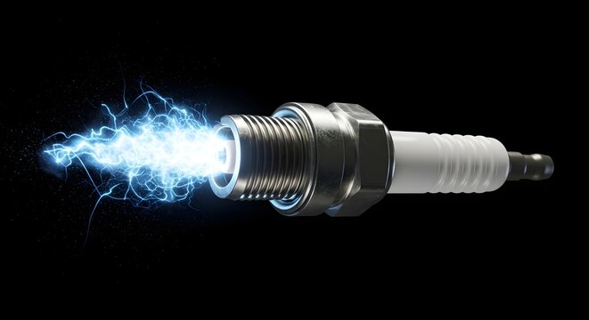 Spark plug with blue electric sparks and flames on black background, automotive ignition system component showing power and energy in action