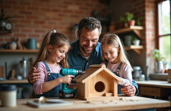 Father, two daughters build birdhouse in workshop. Smiling girls use drill. Family bonding, childhood fun. Wooden craft project, home improvement hobby. Fatherhood, parenthood, kids learning skills.