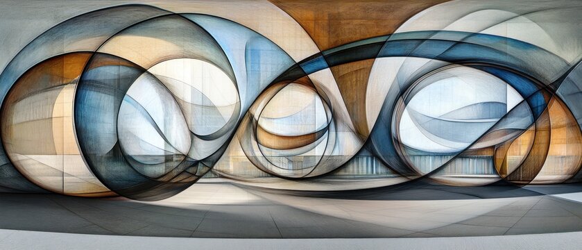 Abstract interwoven lines and shapes in muted hues