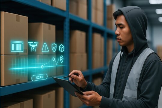 Warehouse worker uses tablet to manage inventory, with digital icons overlaying on the scene
