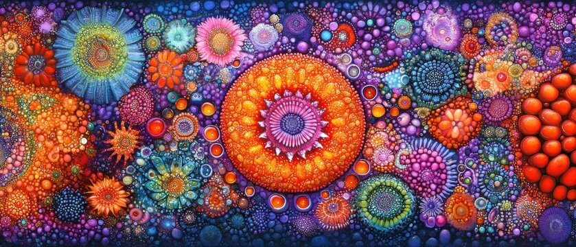 Multicolored abstract floral artwork intricate circular patterns and vibrant textures
