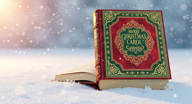 Christmas day a vintage copy of a christmas carol sits open in the snow, with snowflakes falling and a soft, blurred background creating a magical atmosphere